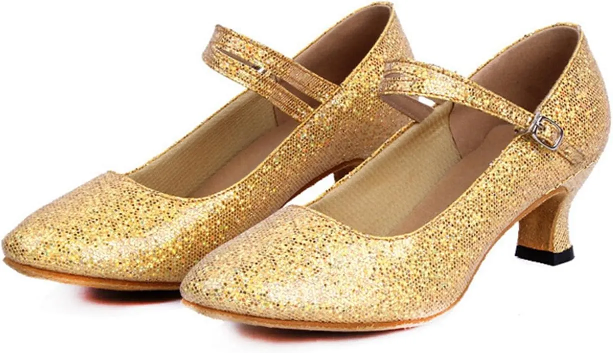 Womens Ballroom Latin Dance Shoes, Glitter Leather Closed Toe Heels Shoes Cowhide Sole for Indoors