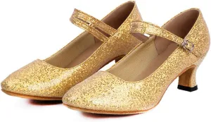 Womens Ballroom Latin Dance Shoes, Glitter Leather Closed Toe Heels Shoes Cowhide Sole for Indoors