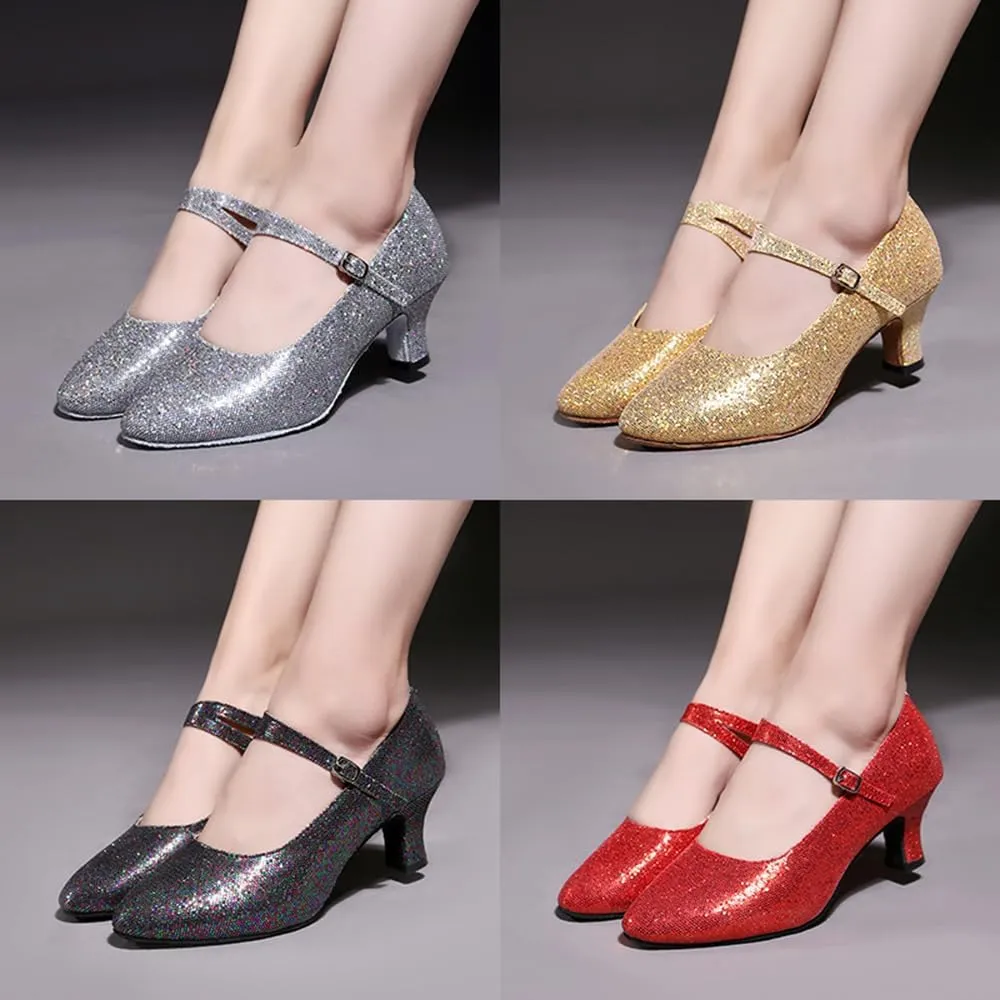 Womens Ballroom Latin Dance Shoes, Glitter Leather Closed Toe Heels Shoes Cowhide Sole for Indoors
