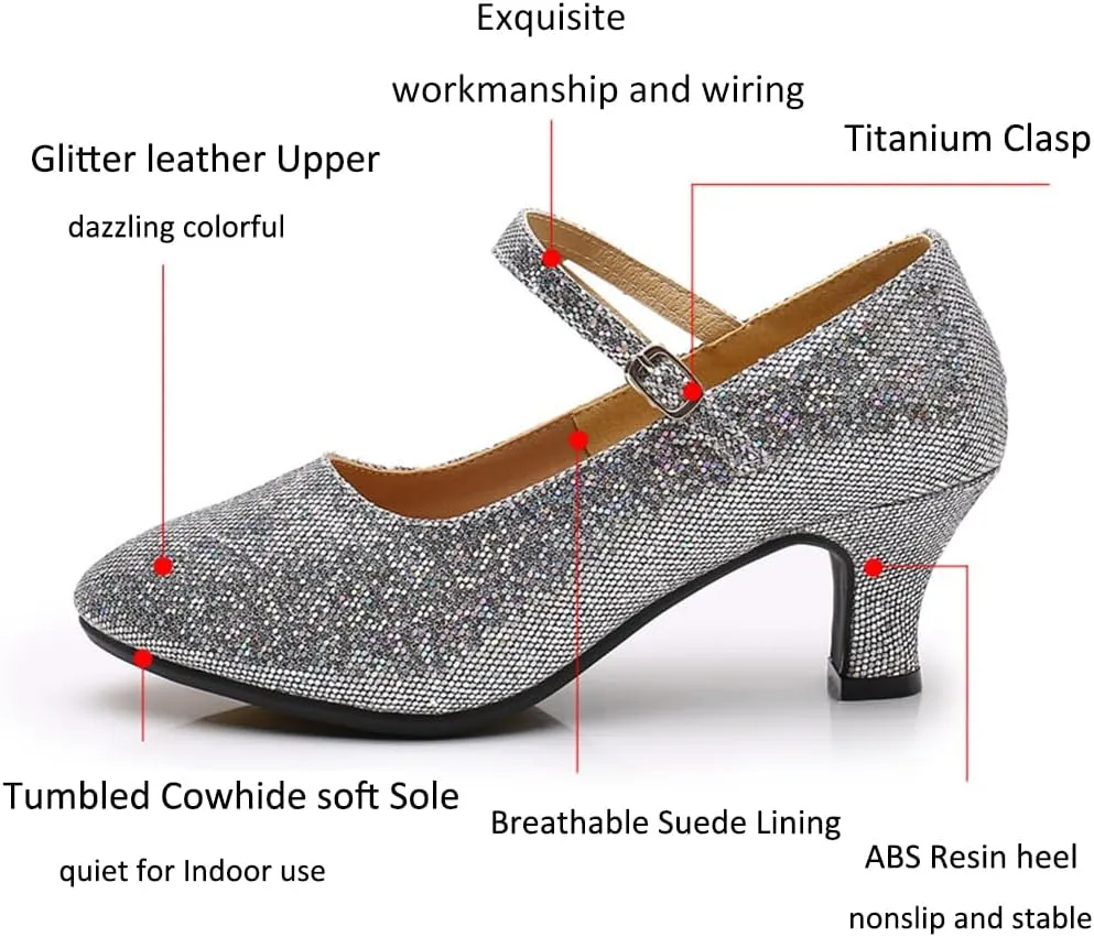 Womens Ballroom Latin Dance Shoes, Glitter Leather Closed Toe Heels Shoes Cowhide Sole for Indoors