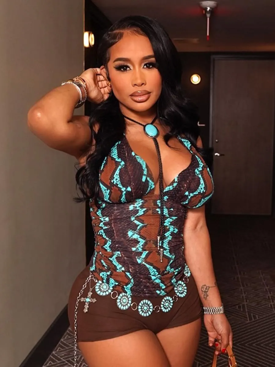 Womens Boho Print Ruched Halter Crop Tops Sexy V Neck Backless Going Out Top Summer Slim Fit Y2k Tops