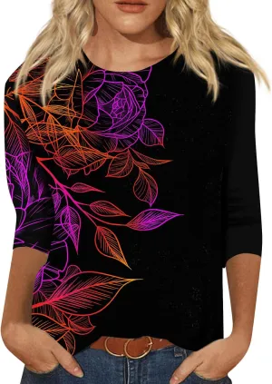 Women's Casual 3/4 Sleeve T-Shirts Round Neck Cute Tunic Tops Soft Y2k Streetwear Lightweight Painting Graphic Tees