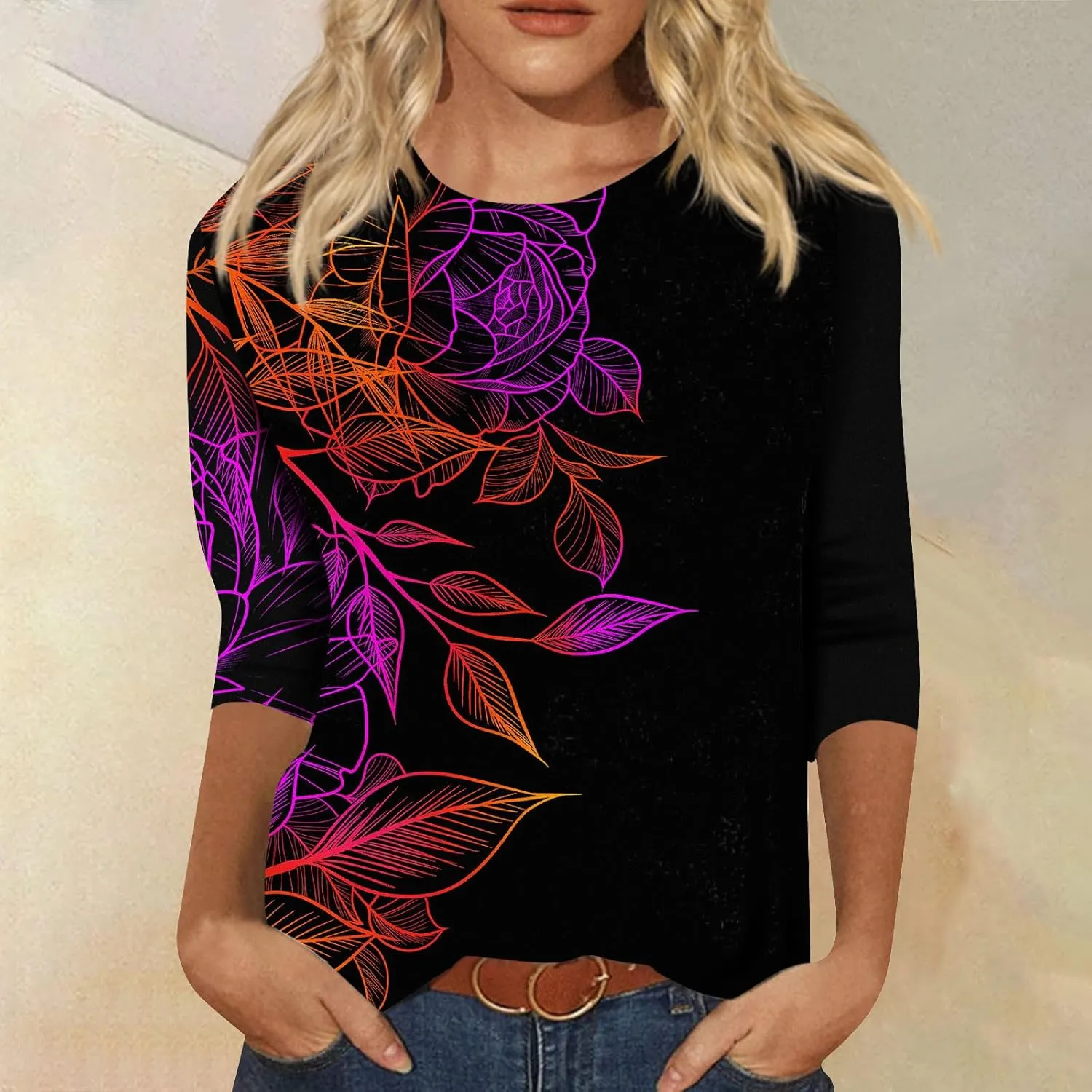 Women's Casual 3/4 Sleeve T-Shirts Round Neck Cute Tunic Tops Soft Y2k Streetwear Lightweight Painting Graphic Tees