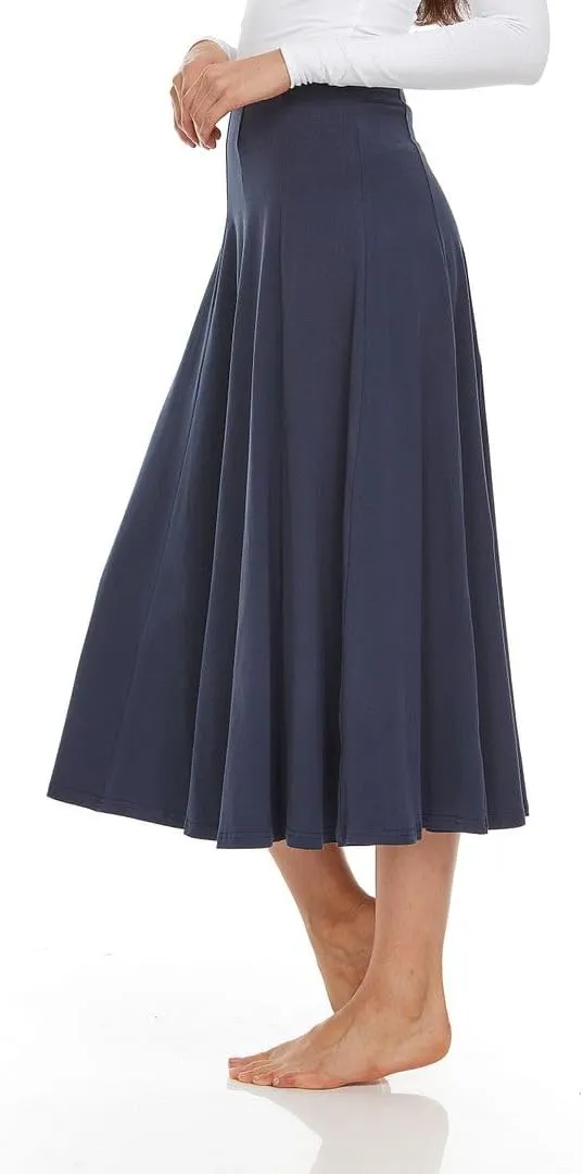 Womens Cotton Midi 33 inch Length Panel Skirt- Elastic Waist Office Pleated Skirt