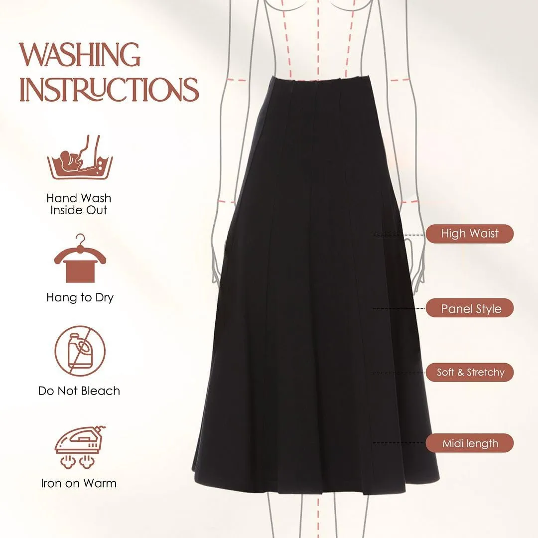 Womens Cotton Midi 33 inch Length Panel Skirt- Elastic Waist Office Pleated Skirt