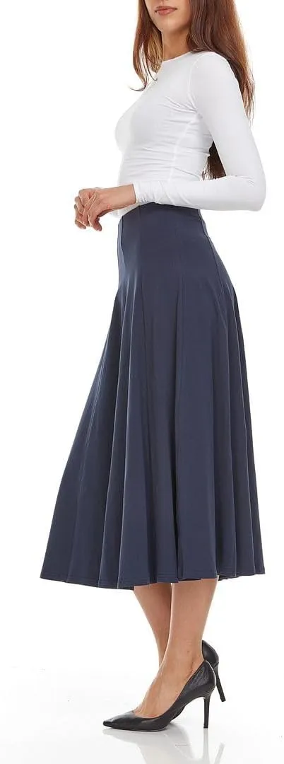 Womens Cotton Midi 33 inch Length Panel Skirt- Elastic Waist Office Pleated Skirt