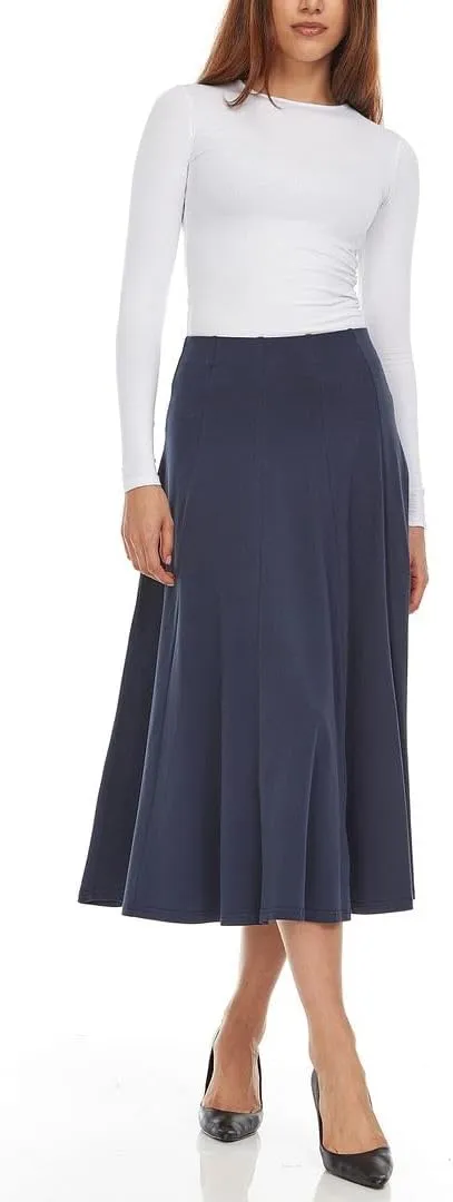 Womens Cotton Midi 33 inch Length Panel Skirt- Elastic Waist Office Pleated Skirt