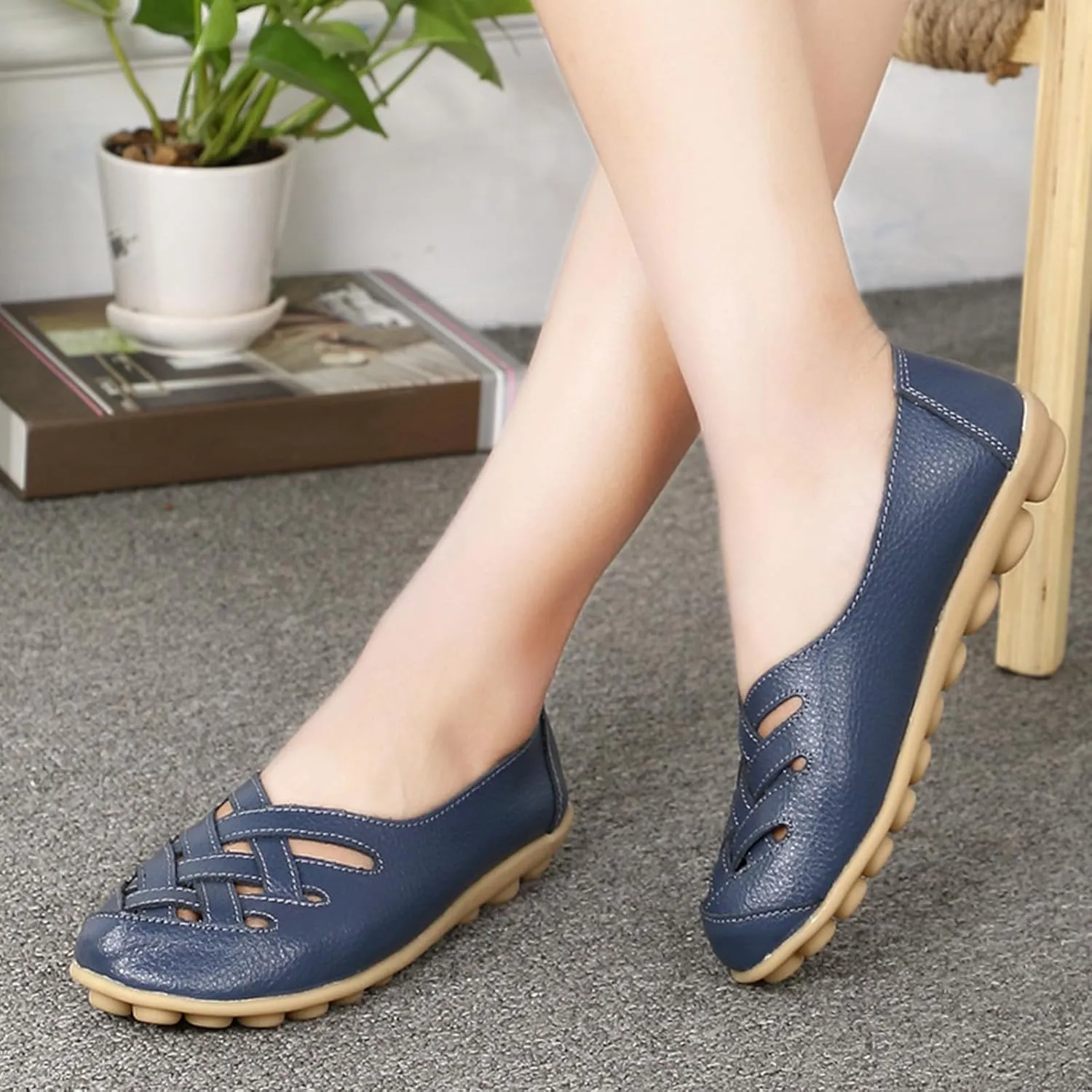 Women's Cowhide Loafers Comfort Walking Casual Flat Loafer Wide Width Flats Slip-On Driving Shoes Breathable Work Dressy Shoe Summer Comfortable Dressy Closed Toe Sandals