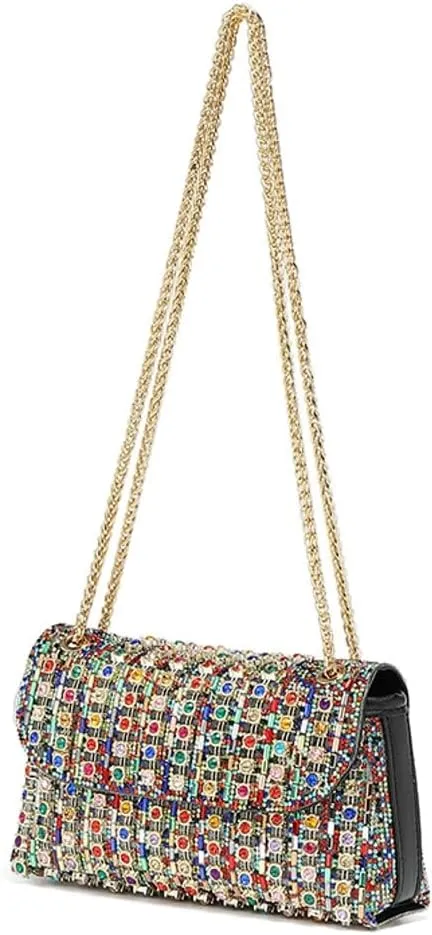 Women's Fashionable Studded Small Square Bag: Full - Diamond Party Bag for Shoulder, Crossbody or Underarm Carry