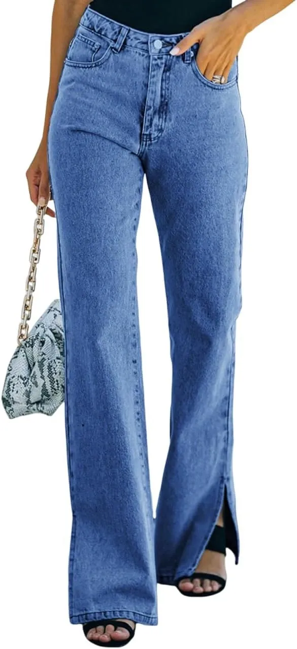 Women's High Waisted Straight Leg Jeans Pants Trendy with Pockets Skinny Stretch Ripped Jeans Destroyed Denim Pants