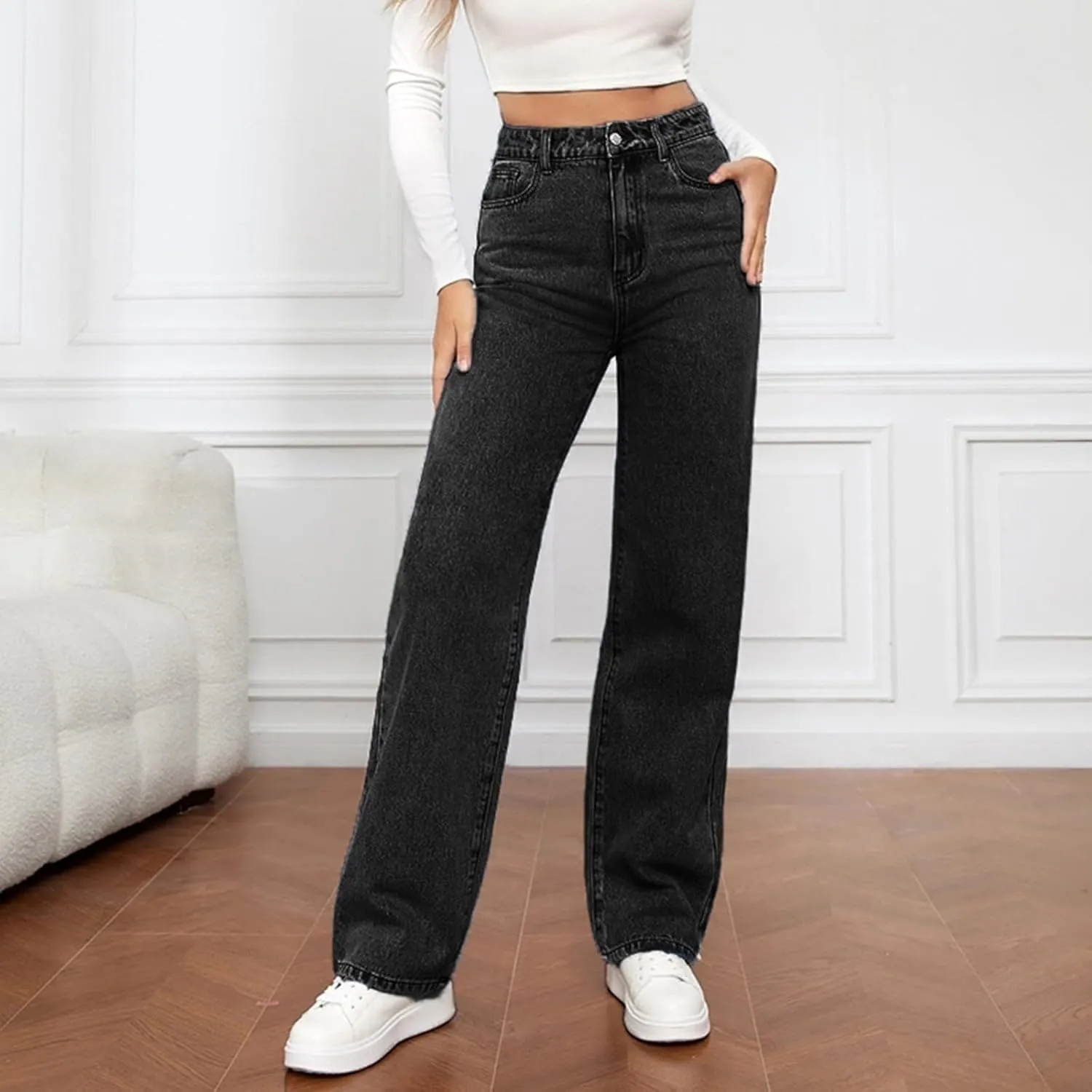 Womens Jeans High Waisted Straight Leg Loose Stretchy Lightweight Tummy Control Trendy Jeans Baggy Casual Denim Pants