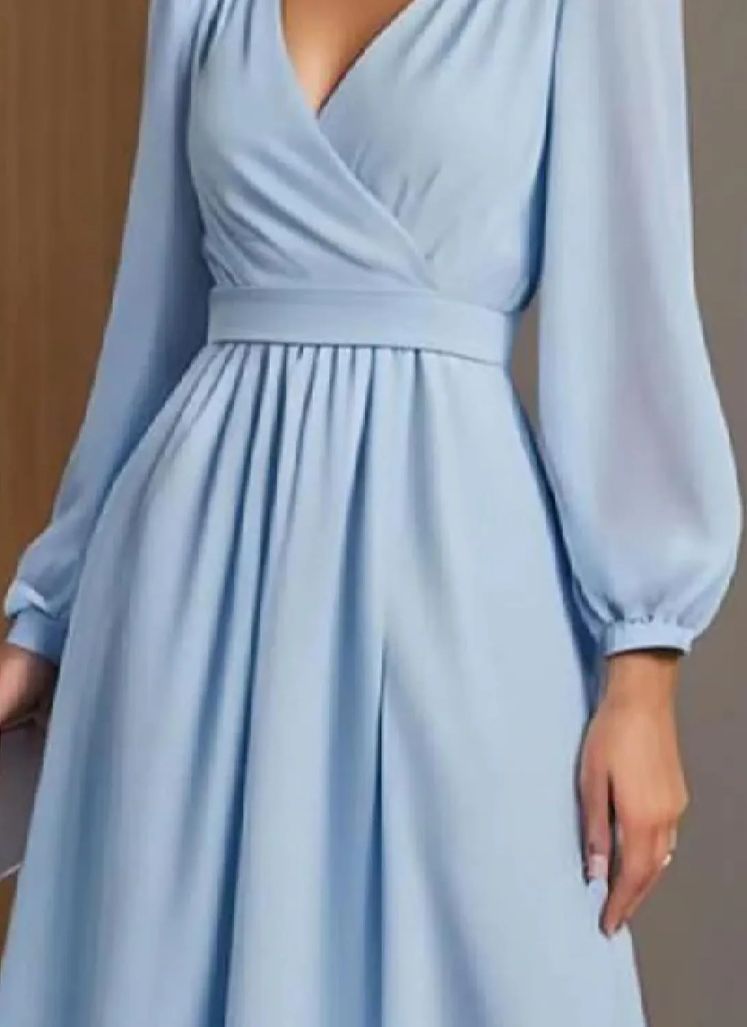 Womens Midi Dress Long Sleeve V-Neck Blue Solid Color Elegant Sophisticated 2025 Spring Summer Party Wedding Dress