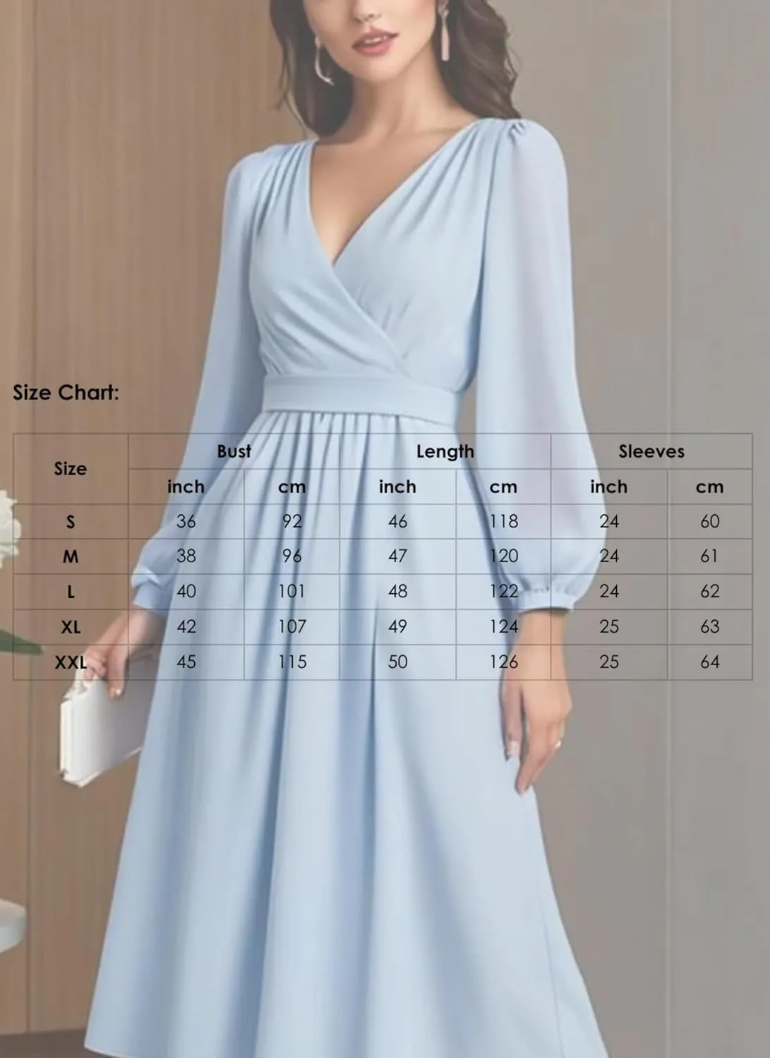 Womens Midi Dress Long Sleeve V-Neck Blue Solid Color Elegant Sophisticated 2025 Spring Summer Party Wedding Dress