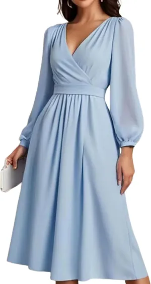 Womens Midi Dress Long Sleeve V-Neck Blue Solid Color Elegant Sophisticated 2025 Spring Summer Party Wedding Dress