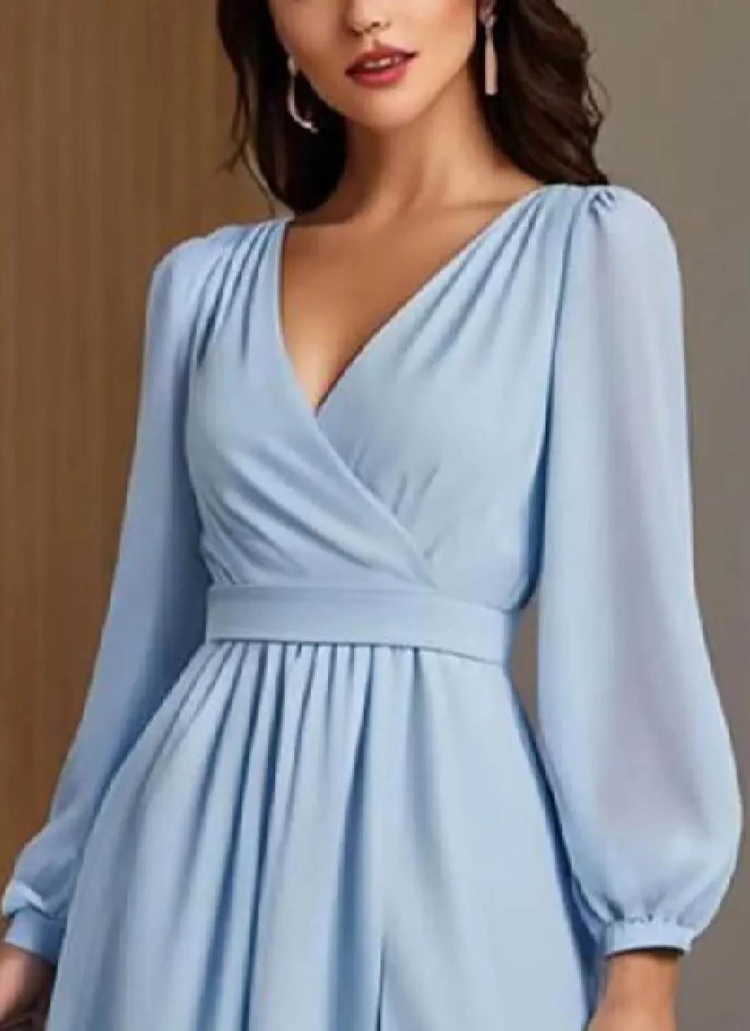 Womens Midi Dress Long Sleeve V-Neck Blue Solid Color Elegant Sophisticated 2025 Spring Summer Party Wedding Dress