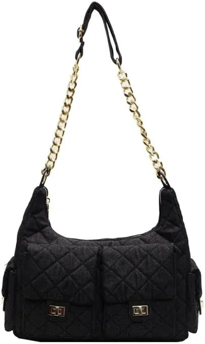 Women's Multi-Pocket Denim Handbags Rhomb Chain Crossbody Bags Underarm Shoulder Bag Zipper Purses