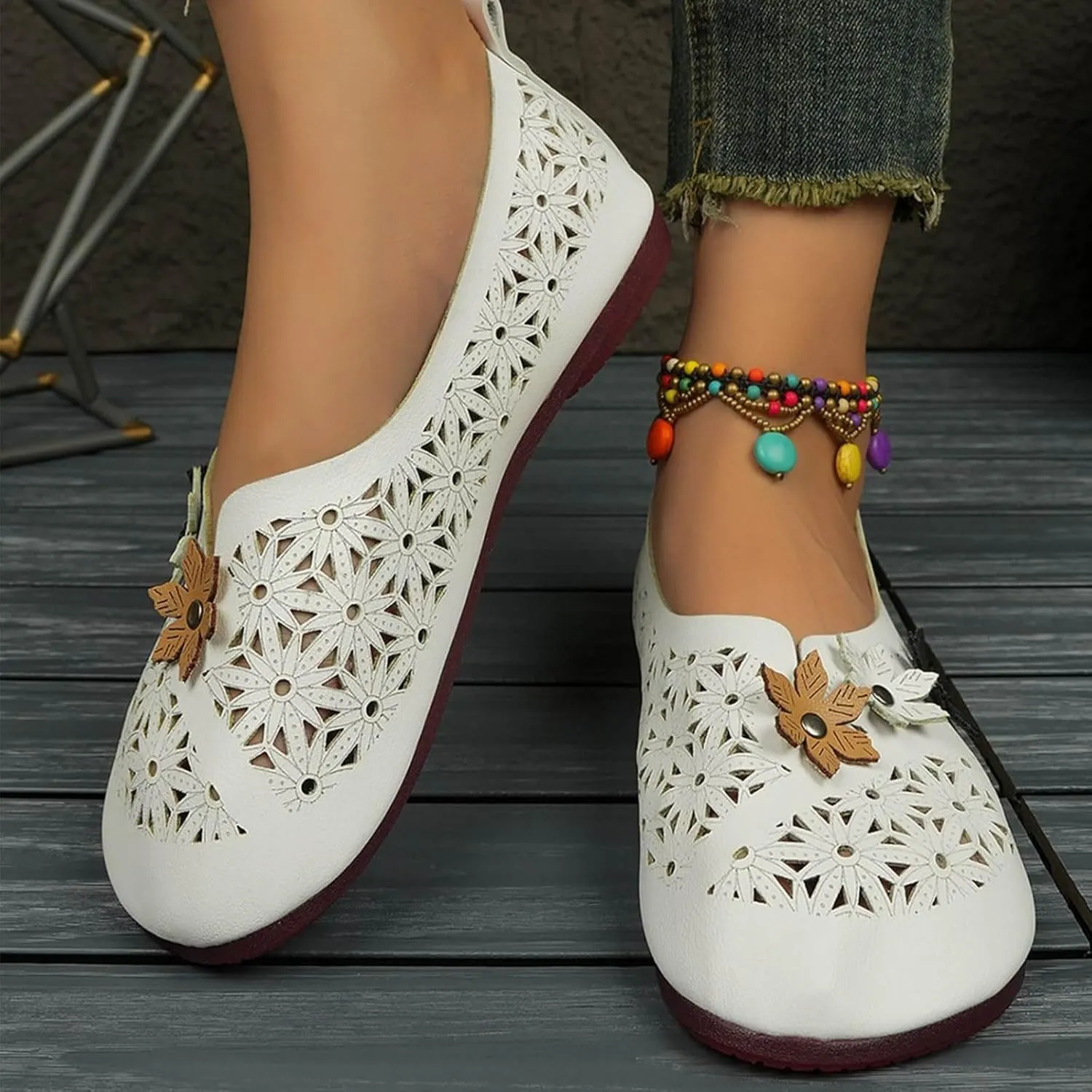 Womens Orthopedic Loafer Comfortable Leather Hollow Out Ballet Flats Vintage Summer Casual Round Toe Slip-On Shoes