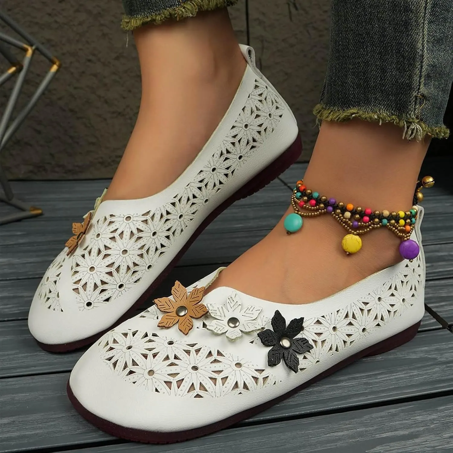 Womens Orthopedic Loafer Comfortable Leather Hollow Out Ballet Flats Vintage Summer Casual Round Toe Slip-On Shoes