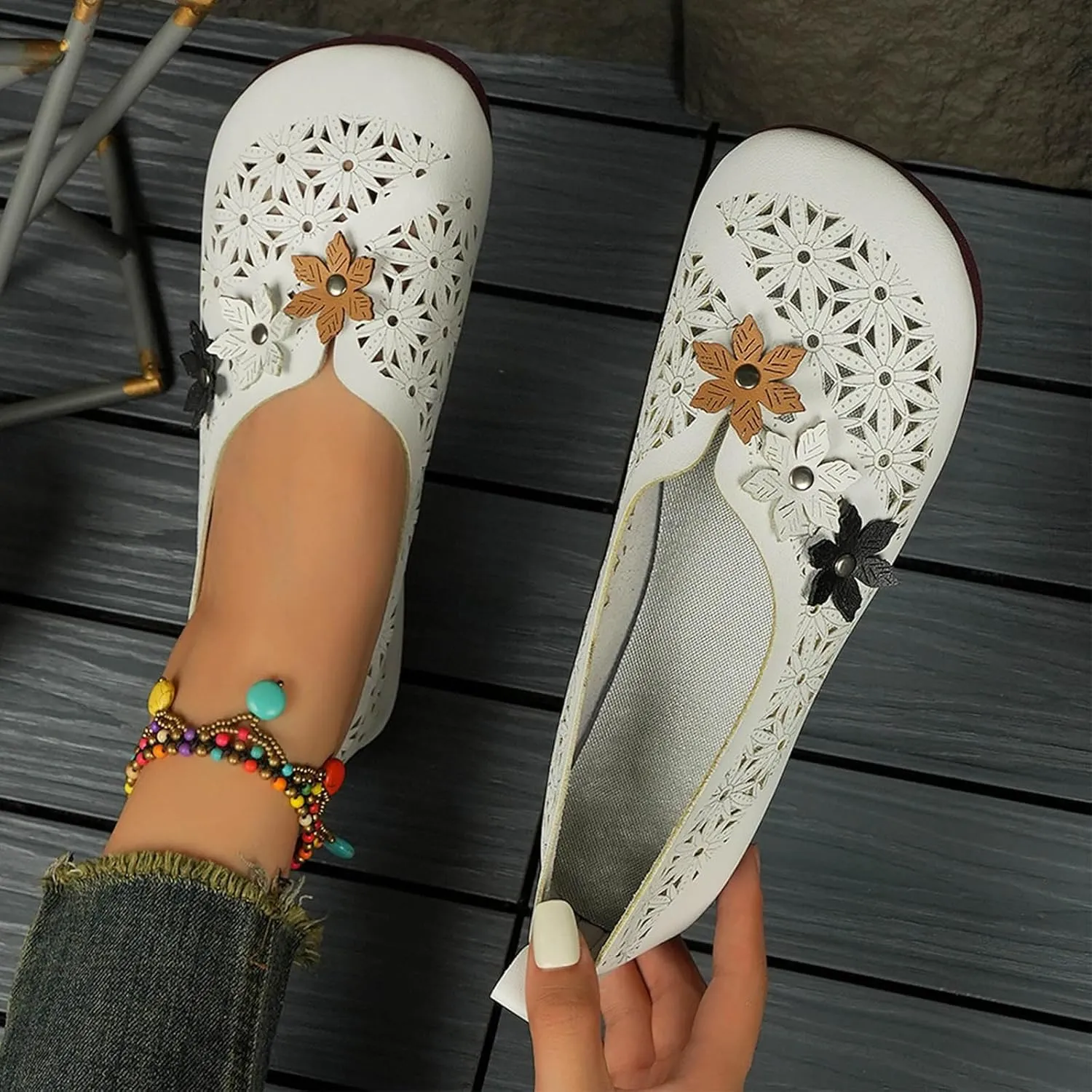 Womens Orthopedic Loafer Comfortable Leather Hollow Out Ballet Flats Vintage Summer Casual Round Toe Slip-On Shoes