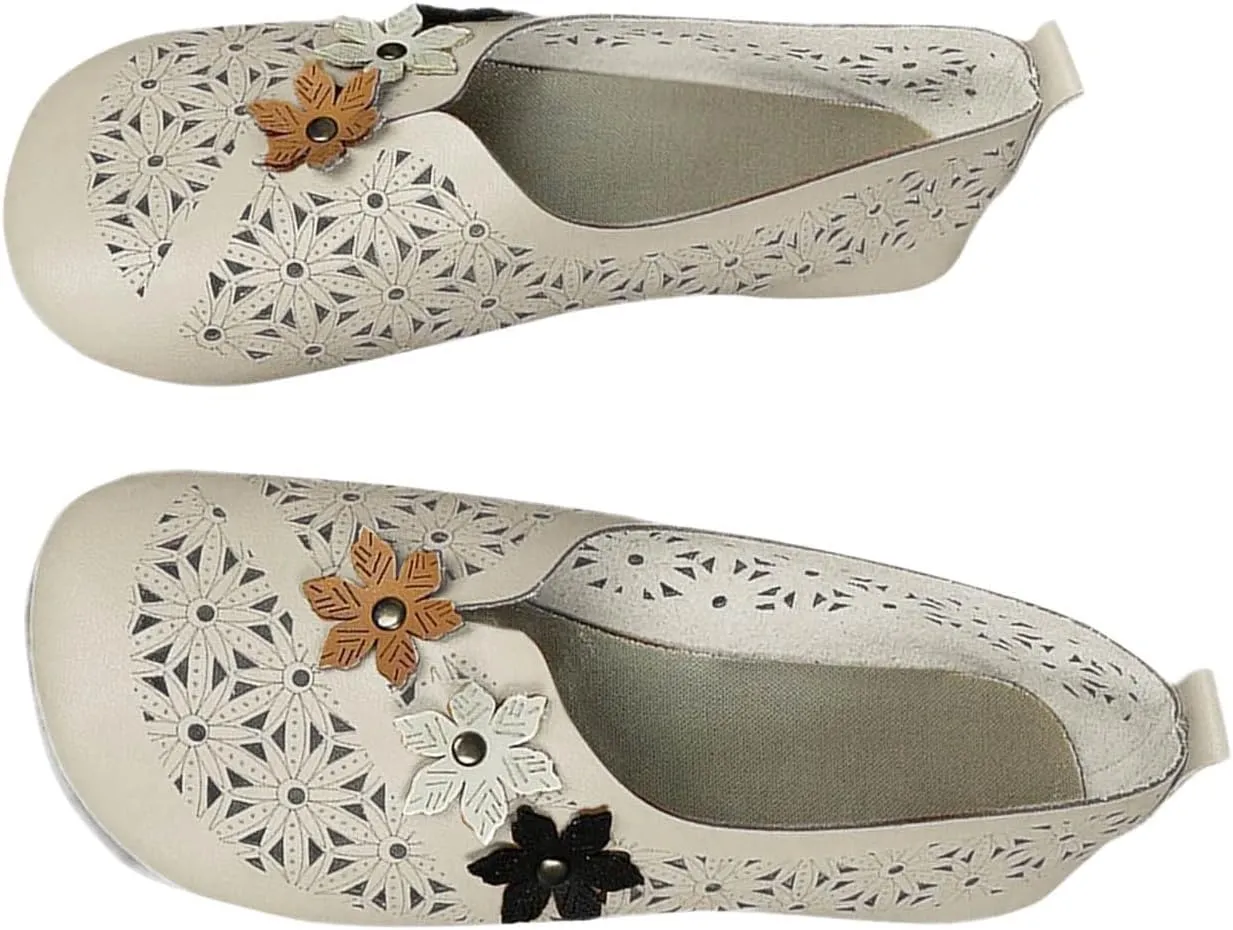 Womens Orthopedic Loafer Comfortable Leather Hollow Out Ballet Flats Vintage Summer Casual Round Toe Slip-On Shoes