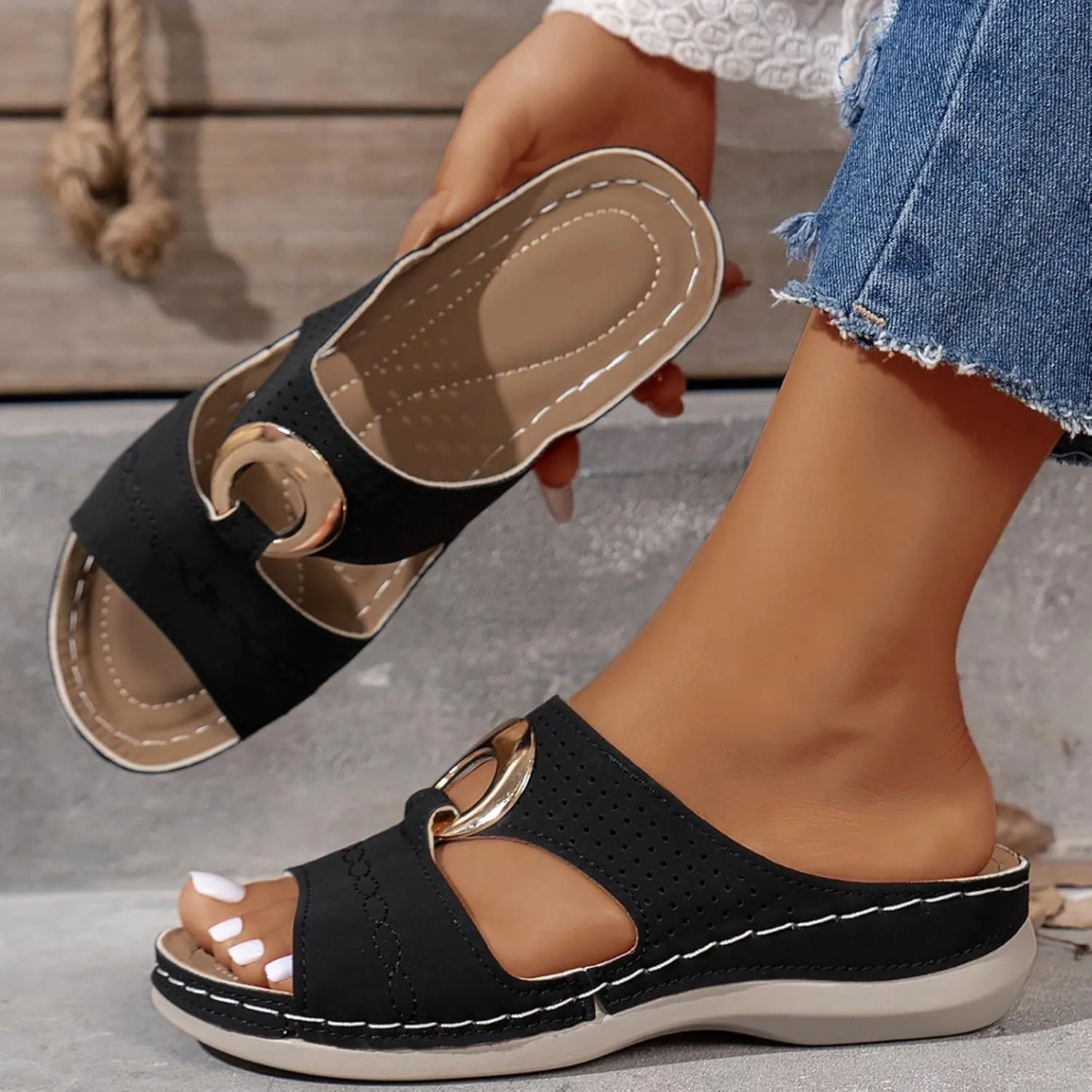Women's Orthopedic Sandals Summer Slip On Wedge Sandals with Arch Support Open Toe Cutout Beach Shoes Leather Flat Slides