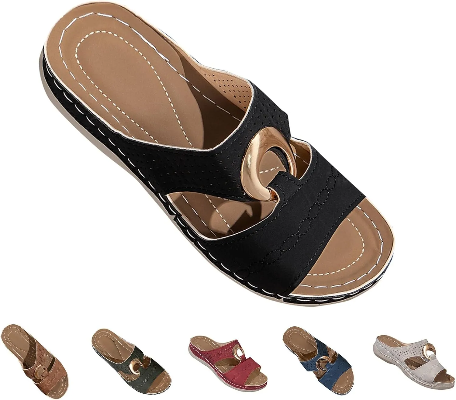 Women's Orthopedic Sandals Summer Slip On Wedge Sandals with Arch Support Open Toe Cutout Beach Shoes Leather Flat Slides