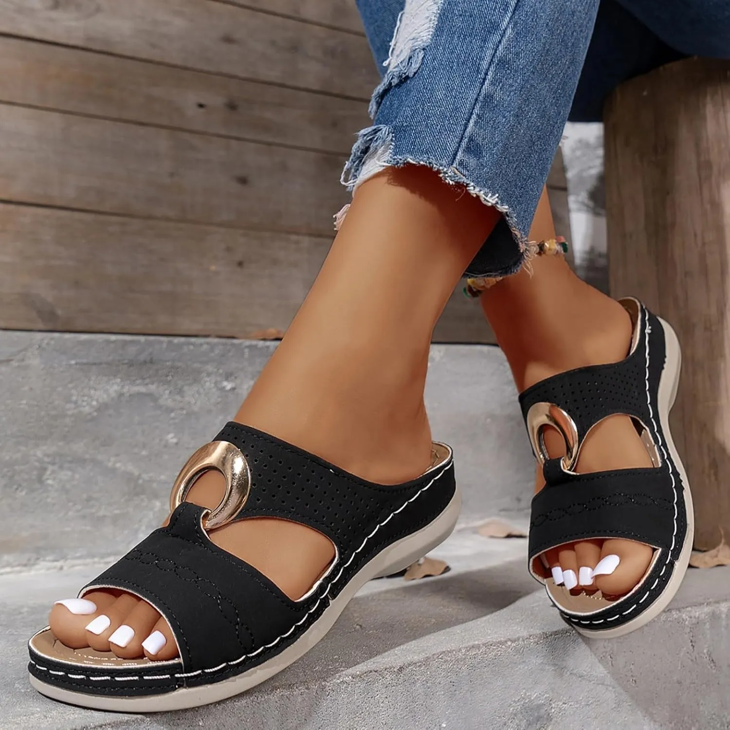 Women's Orthopedic Sandals Summer Slip On Wedge Sandals with Arch Support Open Toe Cutout Beach Shoes Leather Flat Slides