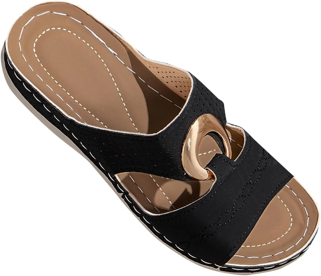 Women's Orthopedic Sandals Summer Slip On Wedge Sandals with Arch Support Open Toe Cutout Beach Shoes Leather Flat Slides