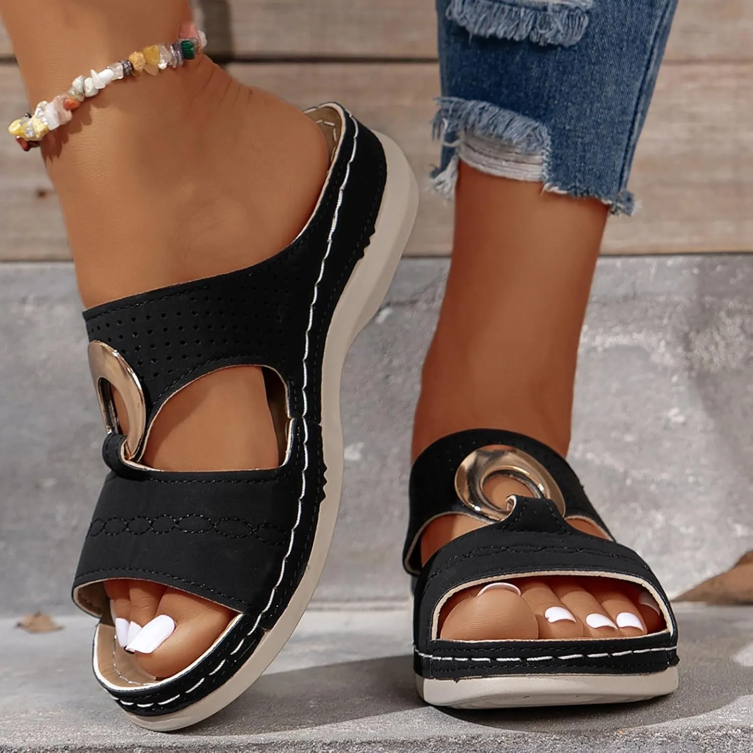 Women's Orthopedic Sandals Summer Slip On Wedge Sandals with Arch Support Open Toe Cutout Beach Shoes Leather Flat Slides