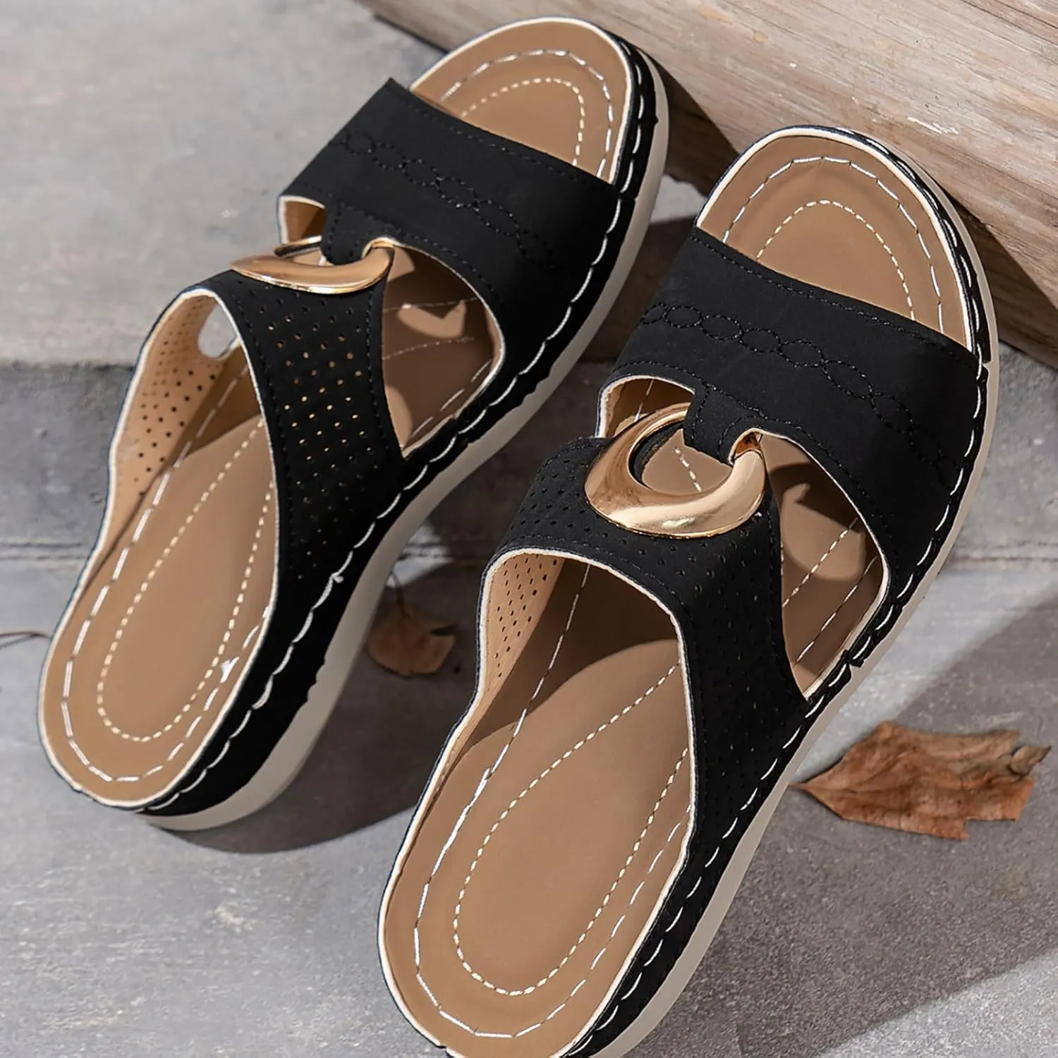 Women's Orthopedic Sandals Summer Slip On Wedge Sandals with Arch Support Open Toe Cutout Beach Shoes Leather Flat Slides