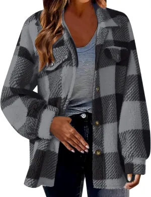 Womens Oversiezd Flannel Fleece Jackets Lightweight Trendy Color Block Plaid Coats Comfortable Loose Casual Outwears