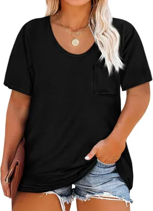 Womens Plus Size Tunic T Shirts Short Sleeve Round Neck Soft Loose Shirts Summer Casual Tops with Pocket