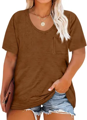 Womens Plus Size Tunic T Shirts Short Sleeve Round Neck Soft Loose Shirts Summer Casual Tops with Pocket