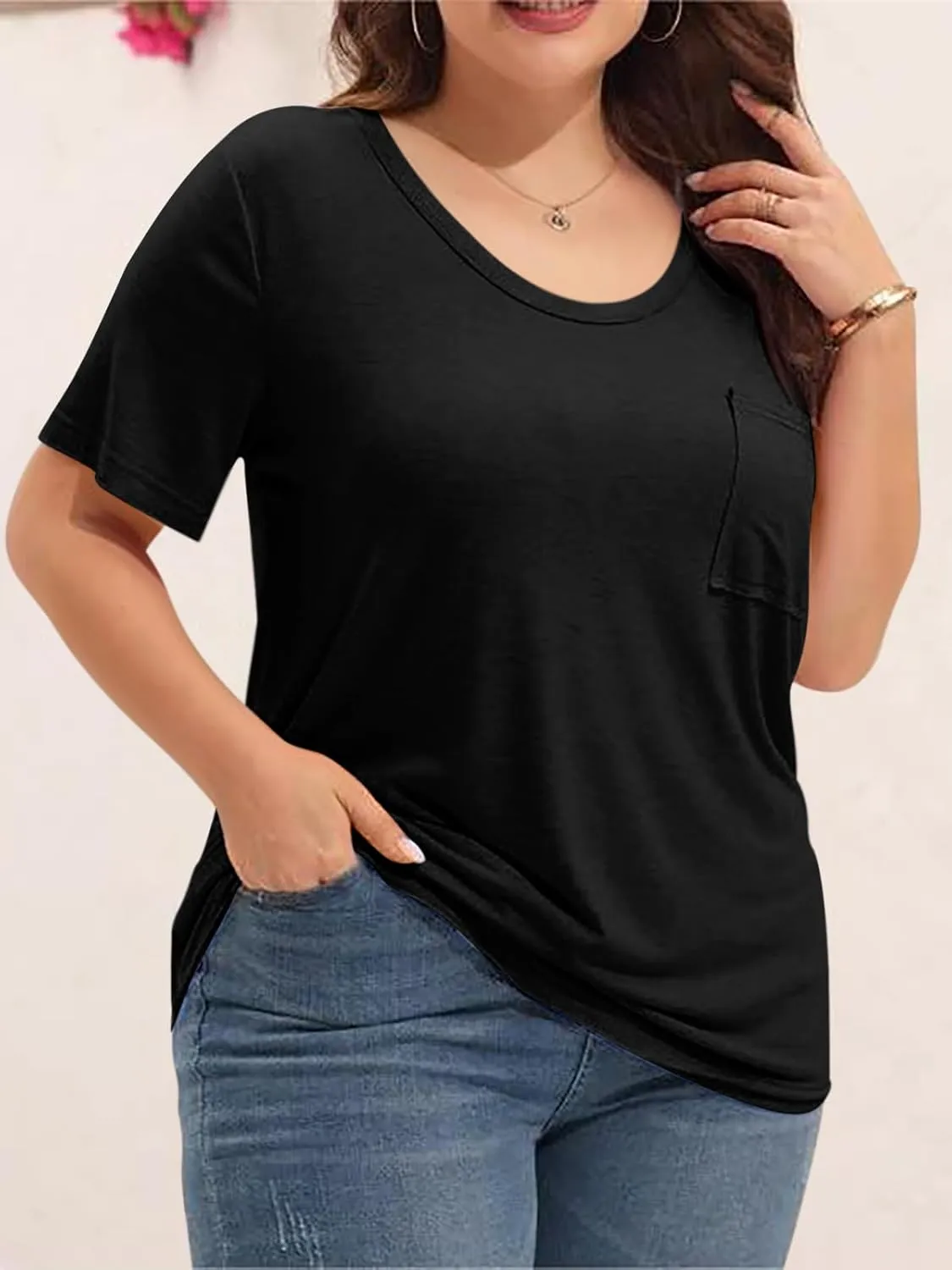 Womens Plus Size Tunic T Shirts Short Sleeve Round Neck Soft Loose Shirts Summer Casual Tops with Pocket