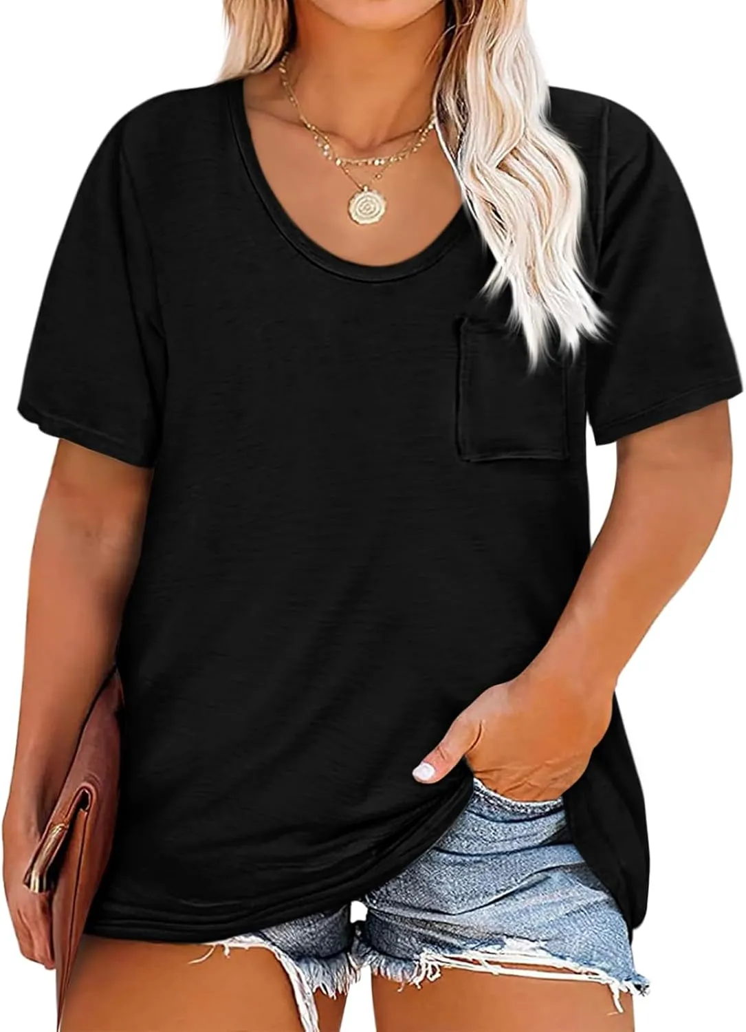 Womens Plus Size Tunic T Shirts Short Sleeve Round Neck Soft Loose Shirts Summer Casual Tops with Pocket