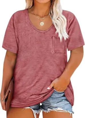 Womens Plus Size Tunic T Shirts Short Sleeve Round Neck Soft Loose Shirts Summer Casual Tops with Pocket