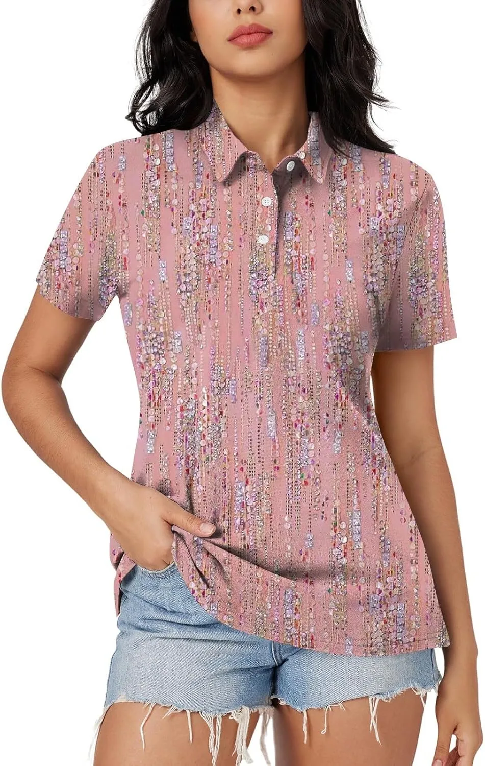 Women's Polo Shirts Short Sleeve Comfortable Breathable Wicking Shirt Solid Colour Stripe 3 Buttons Lapels Casual Tops