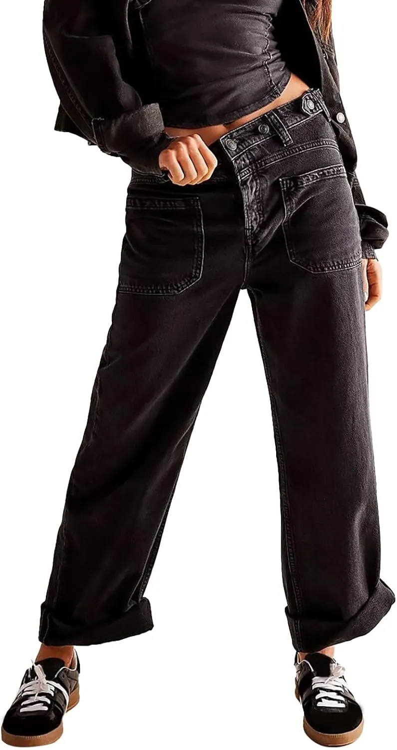 Women's Retro Y2k Jeans High Waisted Straight Leg Baggy Streetwear Denim Pants Trendy 2025 Loose Fit Horseshoe Jeans