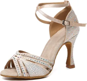 Women's Rhinestones Latin Dance Shoes Open Toe Ballroom Salsa Tango Dancing Shoes with 3.3inch Heels