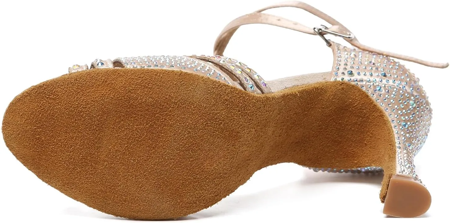 Women's Rhinestones Latin Dance Shoes Open Toe Ballroom Salsa Tango Dancing Shoes with 3.3inch Heels