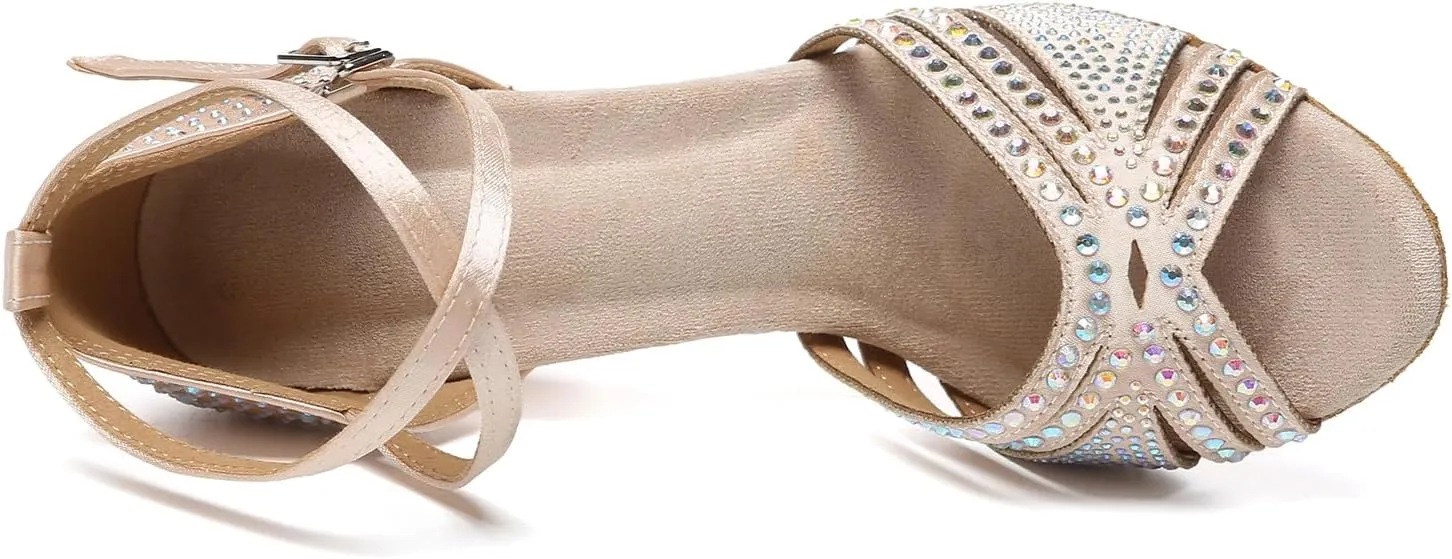 Women's Rhinestones Latin Dance Shoes Open Toe Ballroom Salsa Tango Dancing Shoes with 3.3inch Heels
