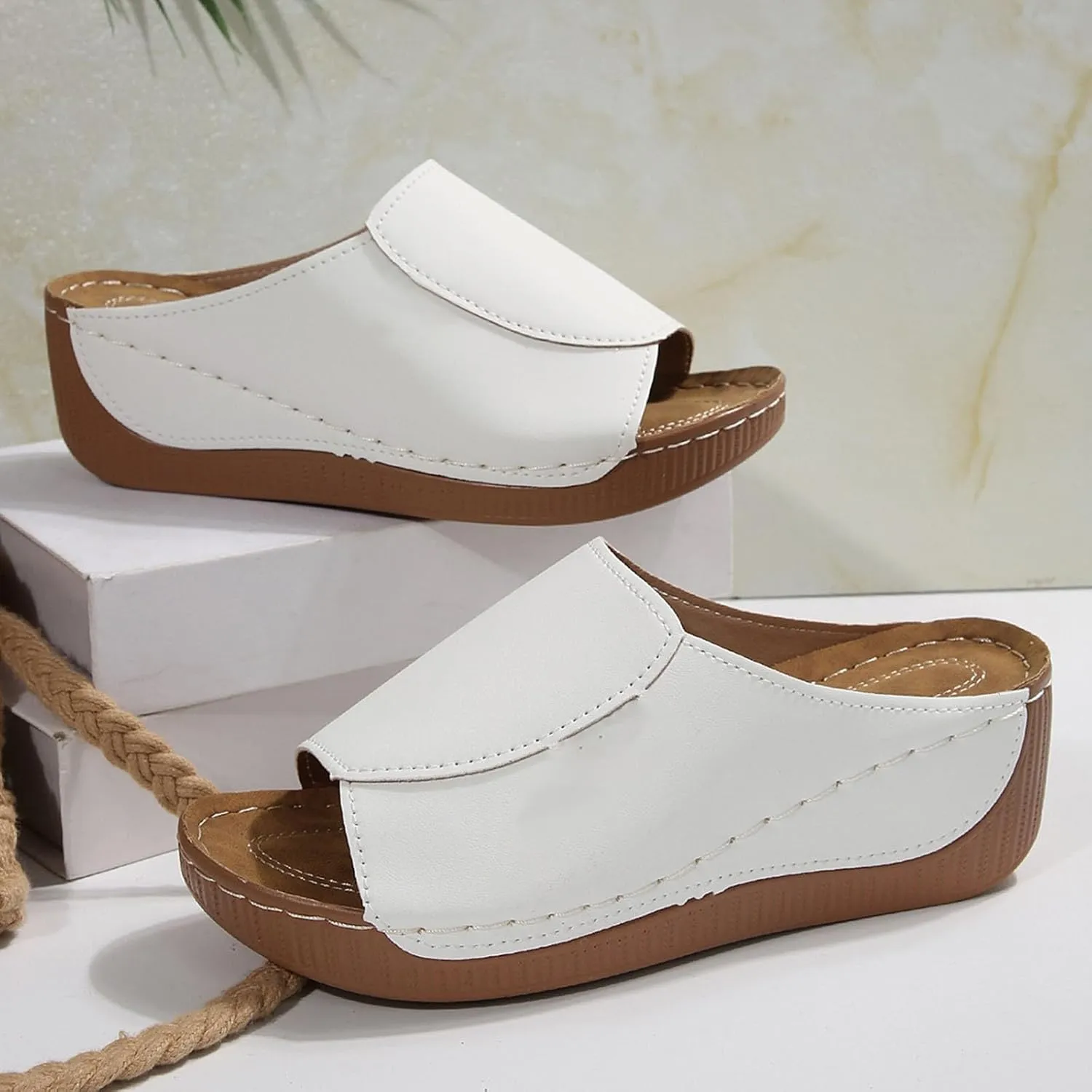 Womens Sandals Comfortable Orthopedic Arch Support All Day Walking Open Toe Pu Leather Slip On Platform Wedge Sandals