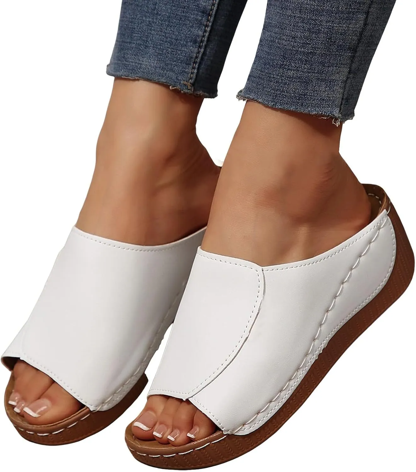 Womens Sandals Comfortable Orthopedic Arch Support All Day Walking Open Toe Pu Leather Slip On Platform Wedge Sandals