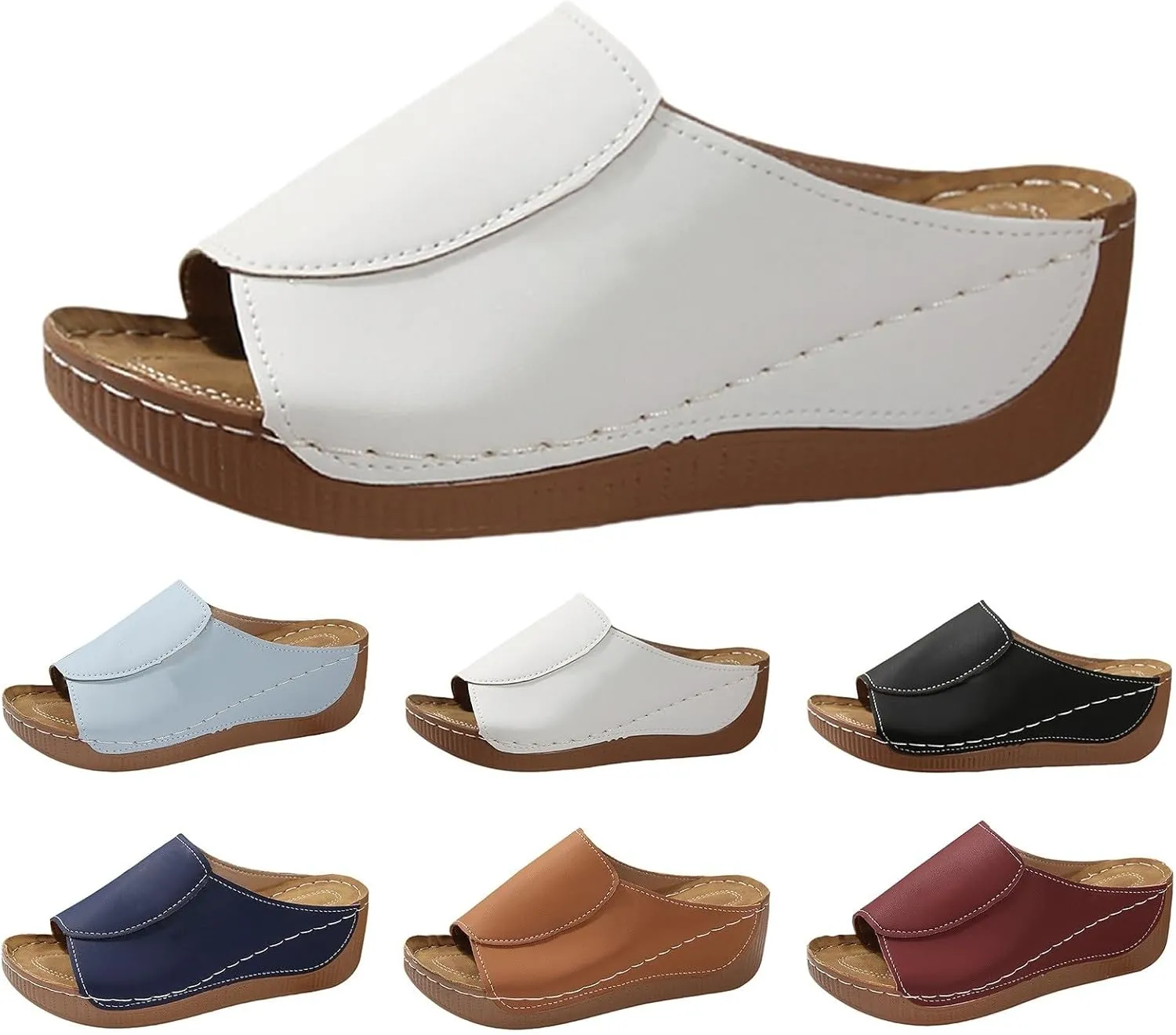 Womens Sandals Comfortable Orthopedic Arch Support All Day Walking Open Toe Pu Leather Slip On Platform Wedge Sandals
