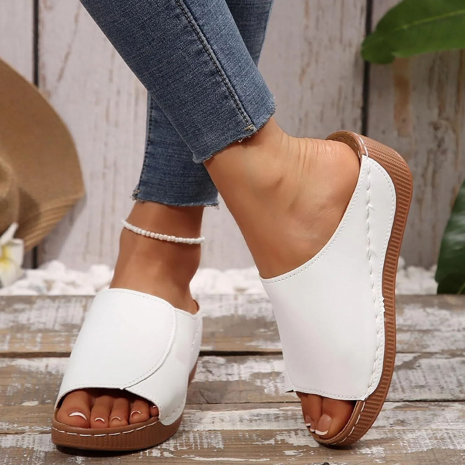 Womens Sandals Comfortable Orthopedic Arch Support All Day Walking Open Toe Pu Leather Slip On Platform Wedge Sandals