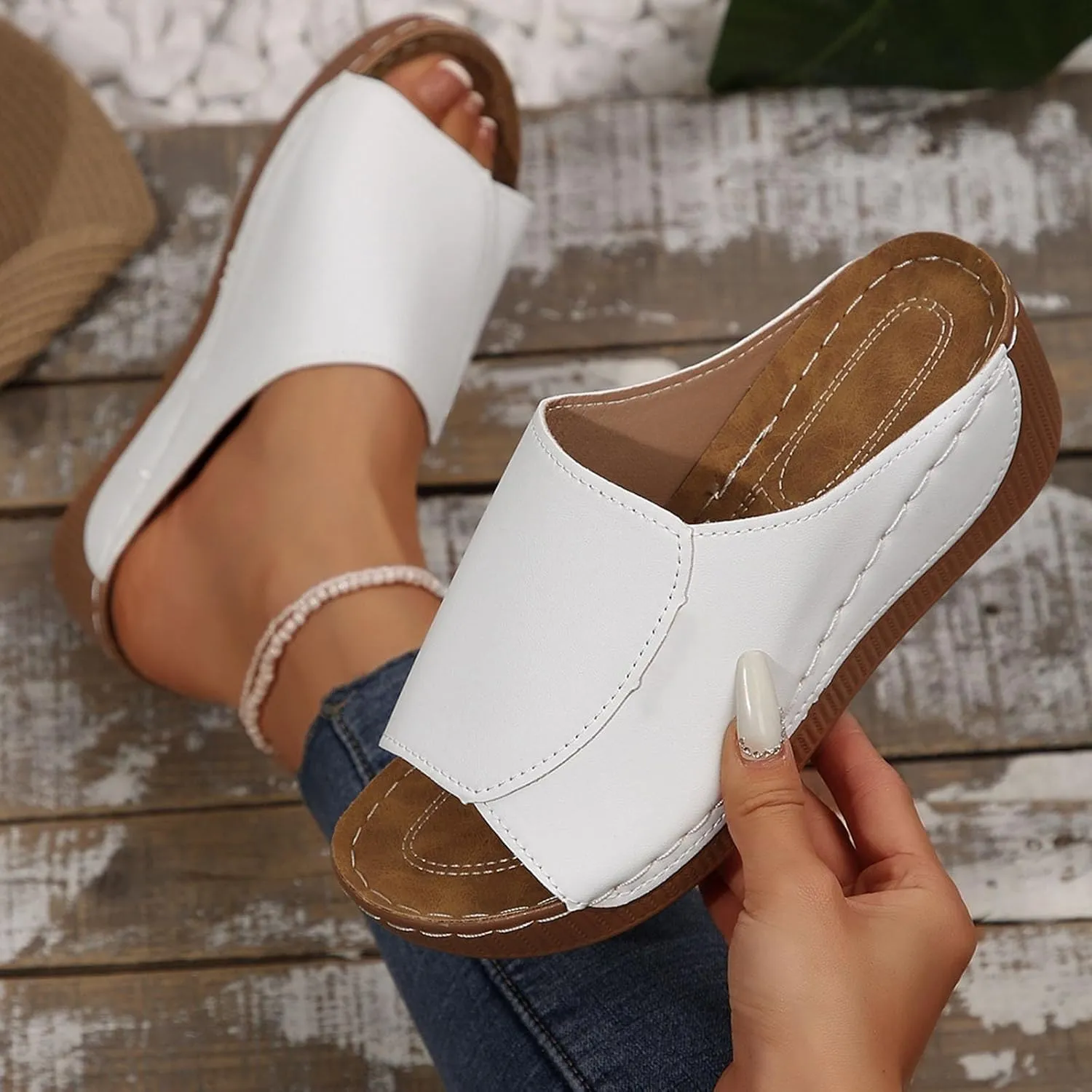 Womens Sandals Comfortable Orthopedic Arch Support All Day Walking Open Toe Pu Leather Slip On Platform Wedge Sandals