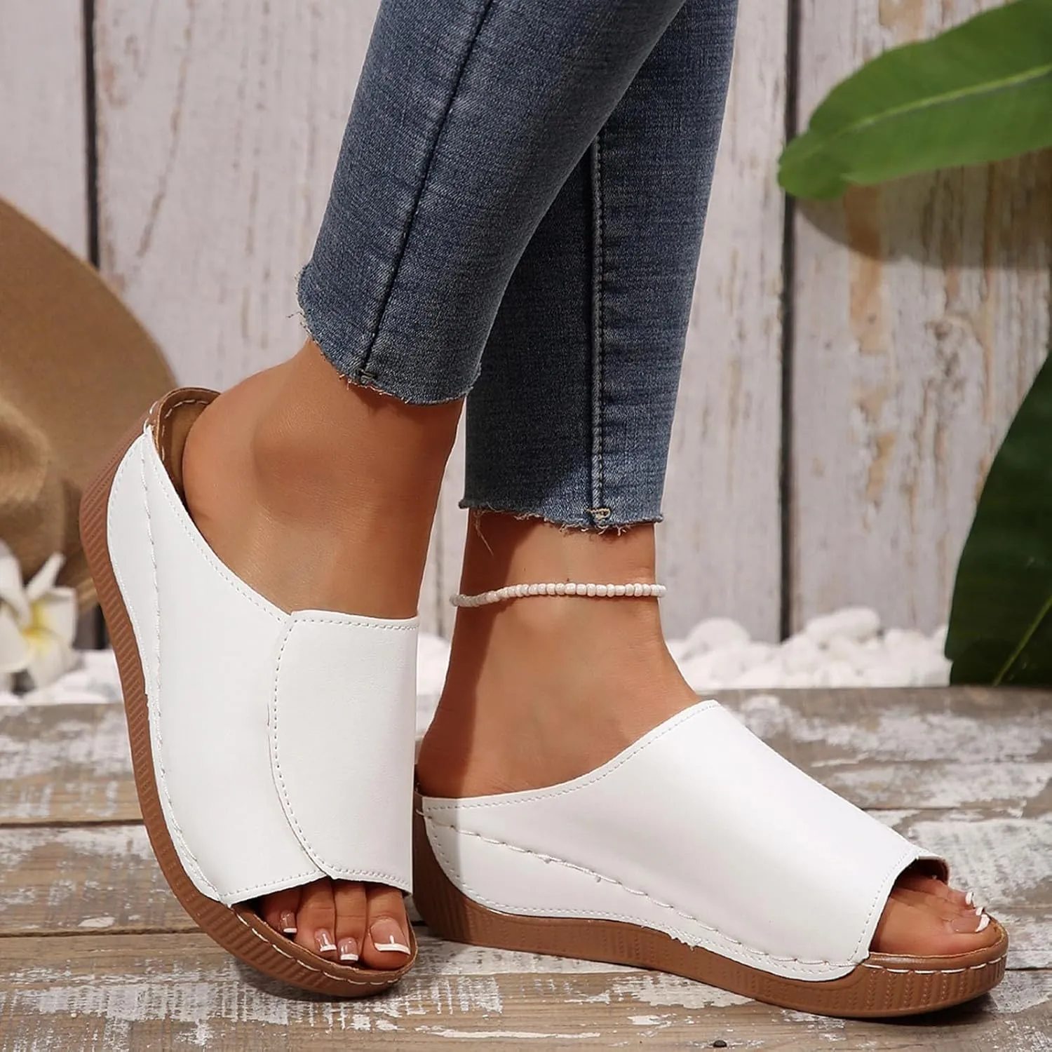 Womens Sandals Comfortable Orthopedic Arch Support All Day Walking Open Toe Pu Leather Slip On Platform Wedge Sandals
