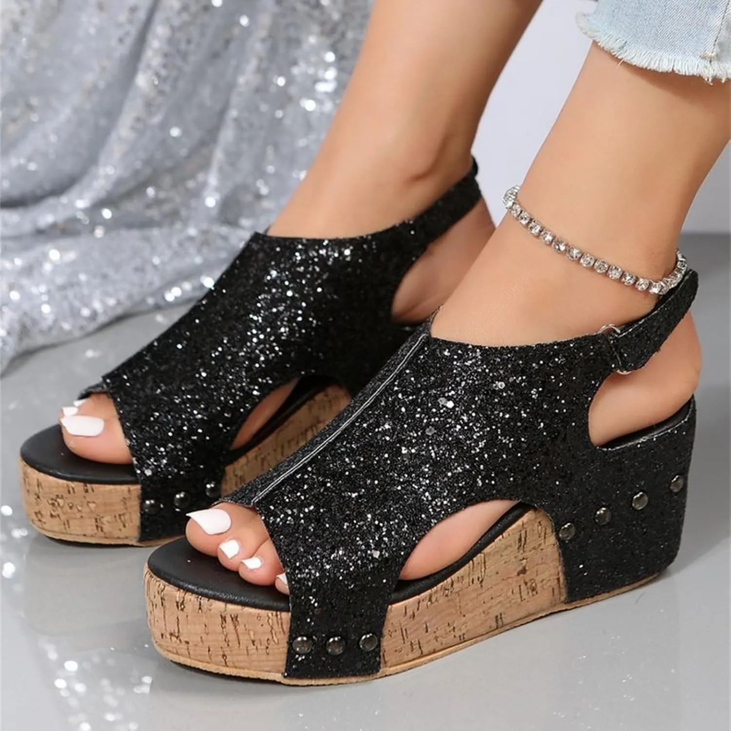 Women's Sandals Comfortable Walking Open Toe Ankle Strap Casual Flatform Platform Wedge Sandals Rhinestone Summer Dress Shoes