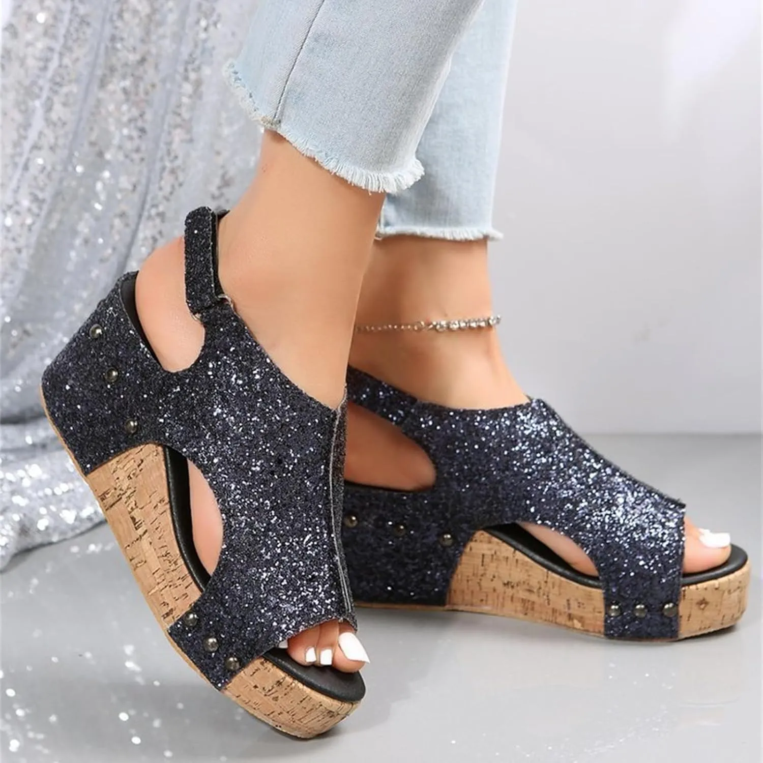 Women's Sandals Comfortable Walking Open Toe Ankle Strap Casual Flatform Platform Wedge Sandals Rhinestone Summer Dress Shoes