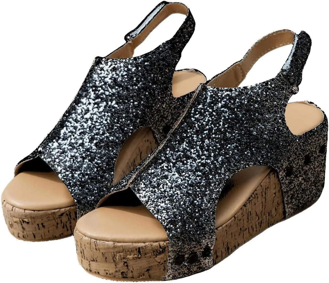 Women's Sandals Comfortable Walking Open Toe Ankle Strap Casual Flatform Platform Wedge Sandals Rhinestone Summer Dress Shoes